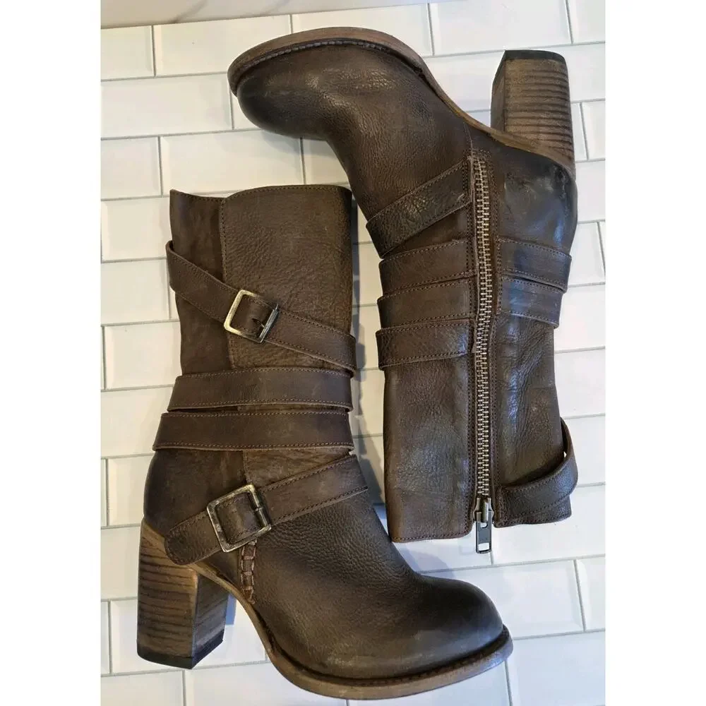 Freebird BARKER Mid-calf Brown Leather Boots, Buckle Details Side Zip, Boho | 9 - Picture 11 of 16
